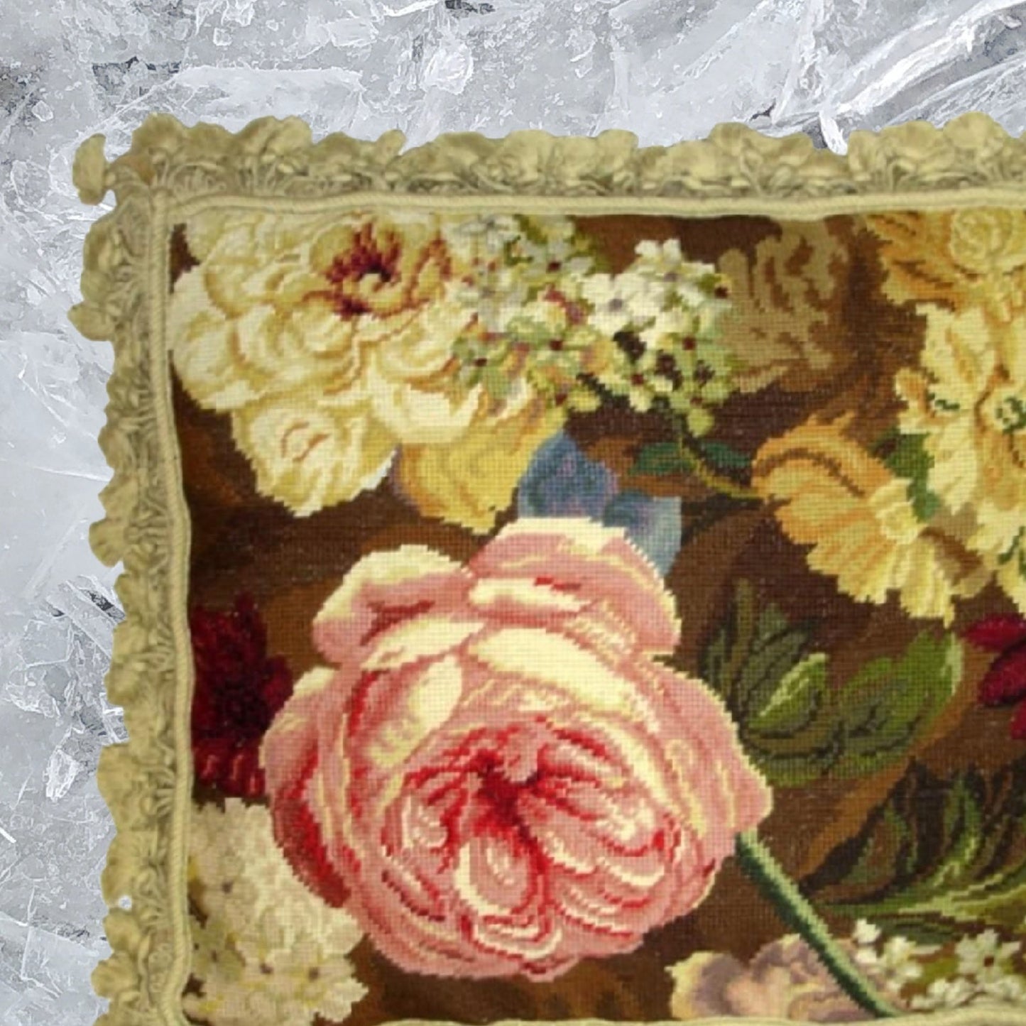 Handmade Wool Needlepoint Pillow Cover - Decorative Throw Cushion Cover - Vintage Floral Embroidery Design pink roses & flower with tassels