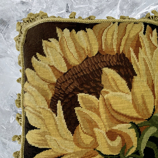 Handmade Wool Needlepoint Pillow Cover - Decorative Throw Cushion Cover - Vintage Floral Embroidery Designon yellow sunflower with tassels