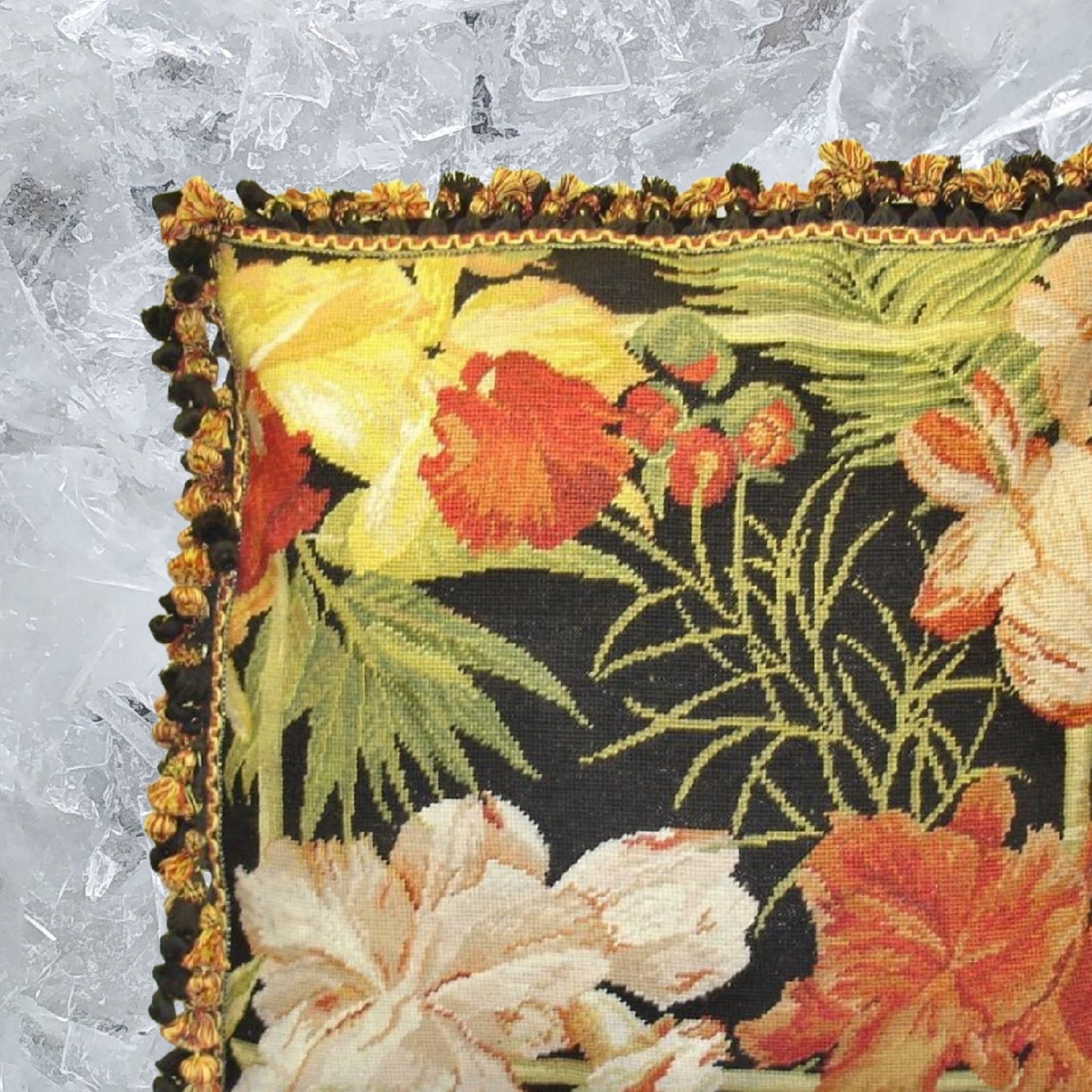 Handmade Wool Needlepoint Pillow Cover - Decorative Throw Cushion Cover - Vintage Floral Embroidery Design blackback banboo framed tropical flower in red, yellow, green with tassel