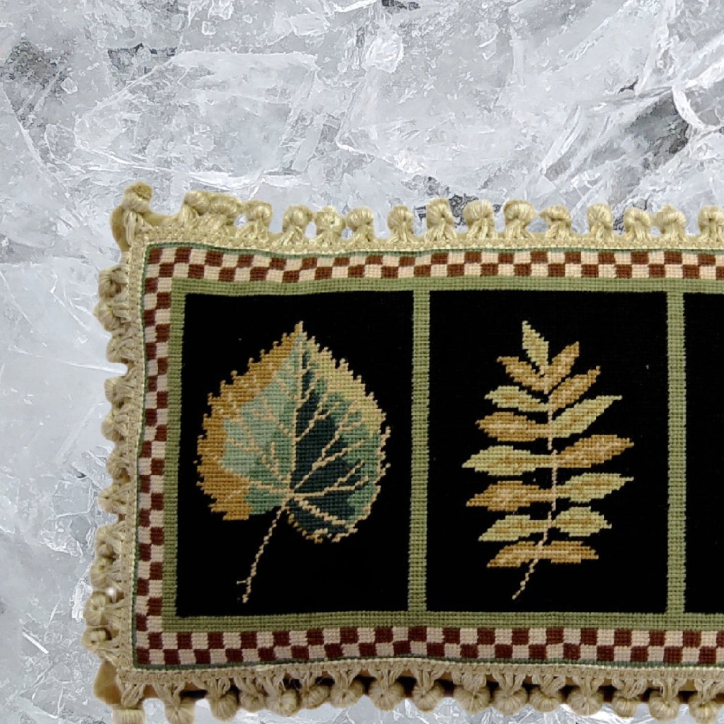 Handmade Wool Needlepoint Pillow Cover - Decorative Throw Cushion Cover - Vintage Floral Embroidery Design 3 leaves, L-L, black background with tassels