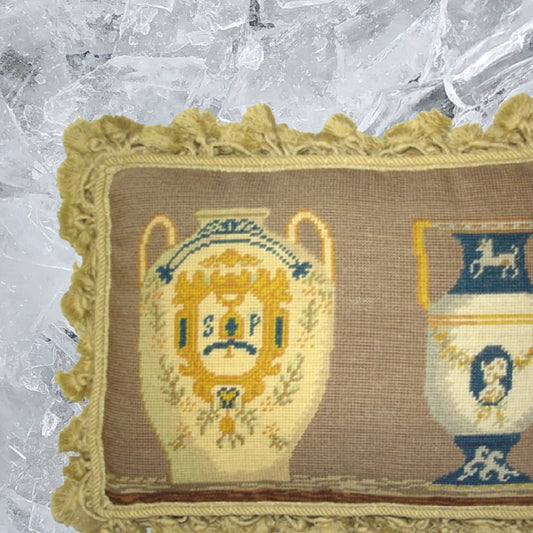 Handmade Wool Needlepoint Pillow Cover - Decorative Throw Cushion Cover - Vintage Floral Embroidery Design  French antique Napoleon Bonaparte vases with tassels
