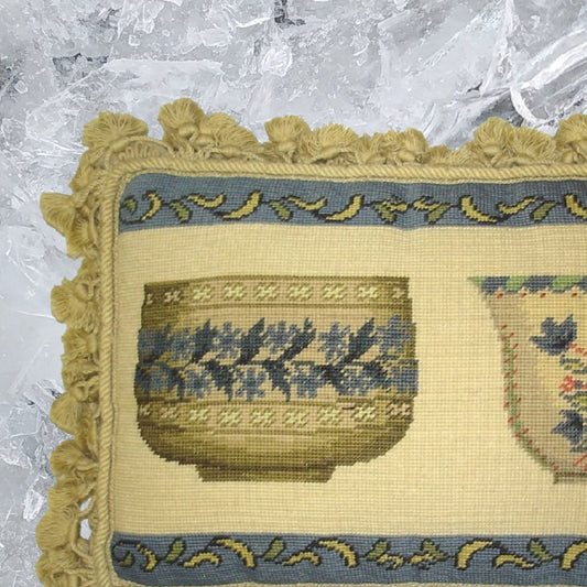 Handmade Wool Needlepoint Pillow Cover - Decorative Throw Cushion Cover - Vintage Floral Embroidery Design  French antique bowl set with tassels