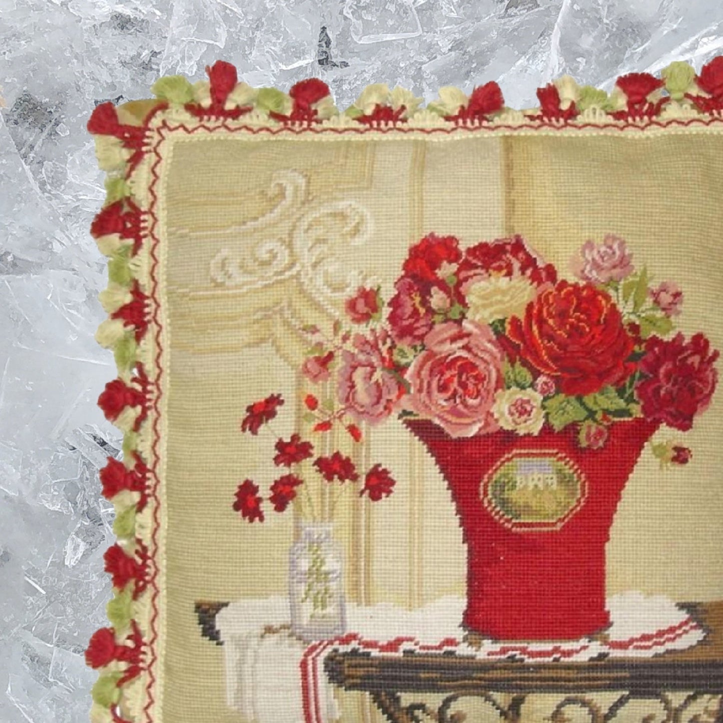 Handmade Wool Needlepoint Pillow Cover - Decorative Throw Cushion Cover - Vintage Floral Embroidery Design  Kathryn White Design b