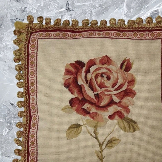Handmade Wool Needlepoint Pillow Cover - Decorative Throw Cushion Cover - Vintage Floral Embroidery Design redRose Lauren Hamlton design with 2 color tassel