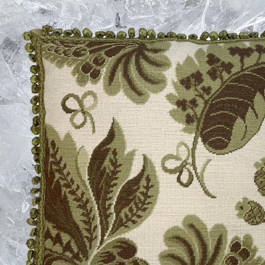 Handmade Wool Needlepoint Pillow Cover - Decorative Throw Cushion Cover - Vintage Floral Embroidery Design olive-brown  tropical leaves with tassels