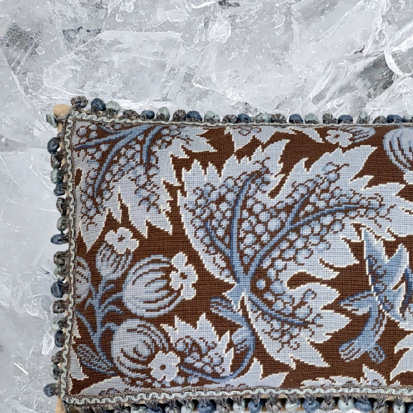 Handmade Wool Needlepoint Pillow Cover - Decorative Throw Cushion Cover - Vintage Floral Embroidery Design blue grape leaves brown background with tassels