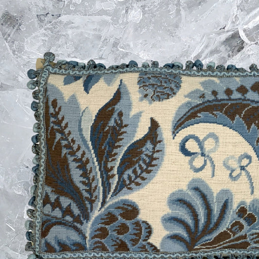 Handmade Wool Needlepoint Pillow Cover - Decorative Throw Cushion Cover - Vintage Floral Embroidery Designblue tropical leaves ivory background with tassels I