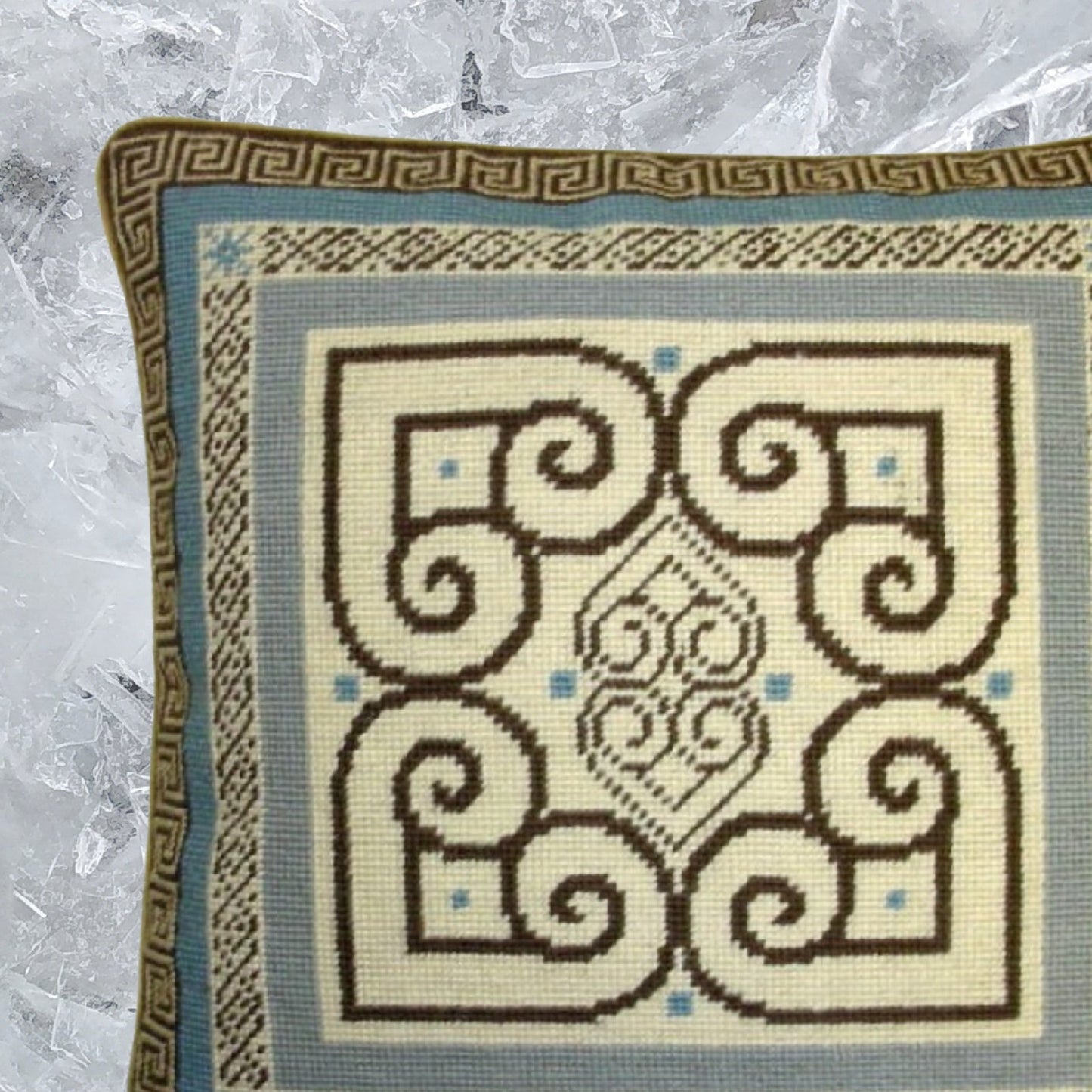 Handmade Wool Needlepoint Pillow Cover - Decorative Throw Cushion Cover - Vintage Floral Embroidery Design blue/brown heartscroll design