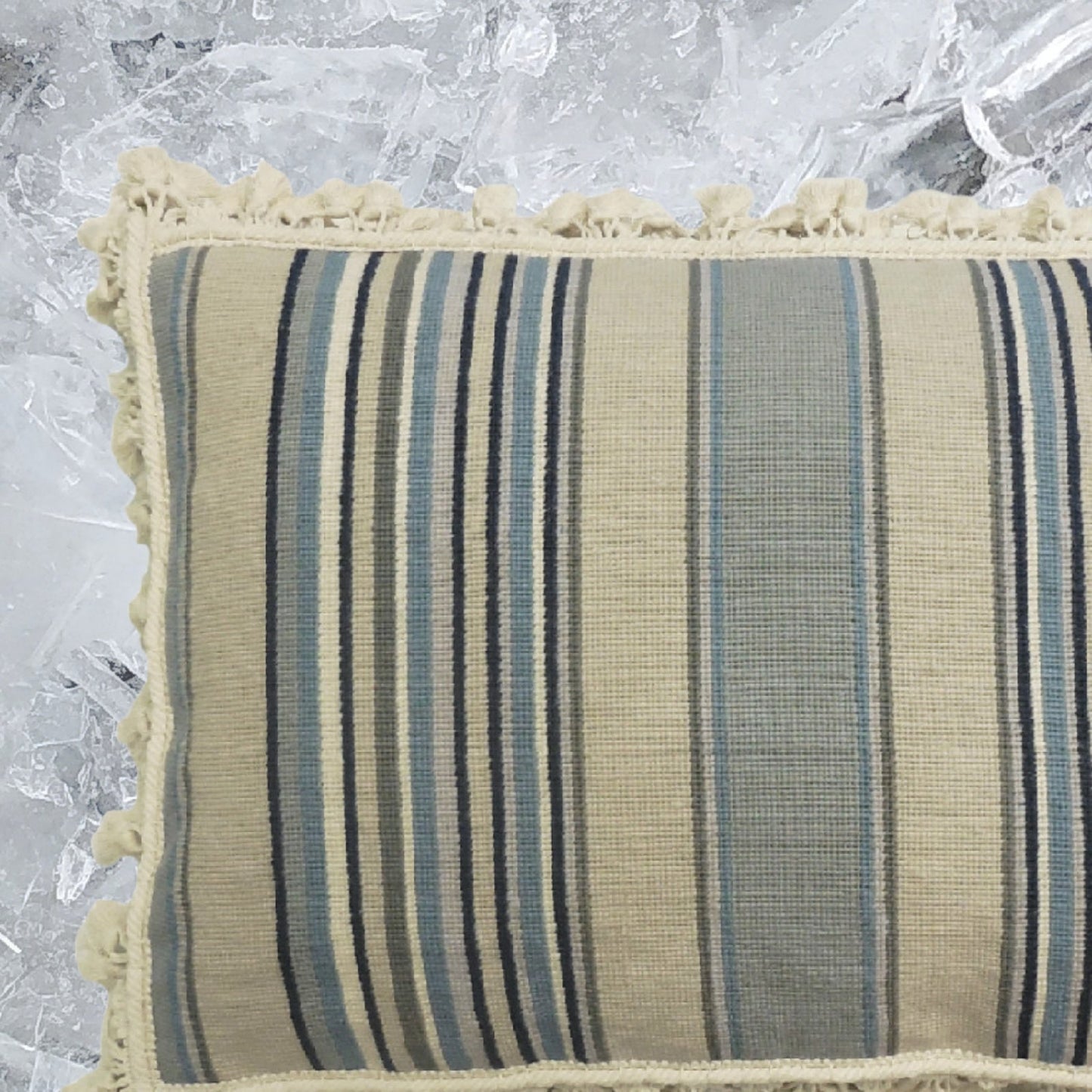 Handmade Wool Needlepoint Pillow Cover - Decorative Throw Cushion Cover - Vintage Floral Embroidery Design strips in blue/sand/navy/ivory with tassels