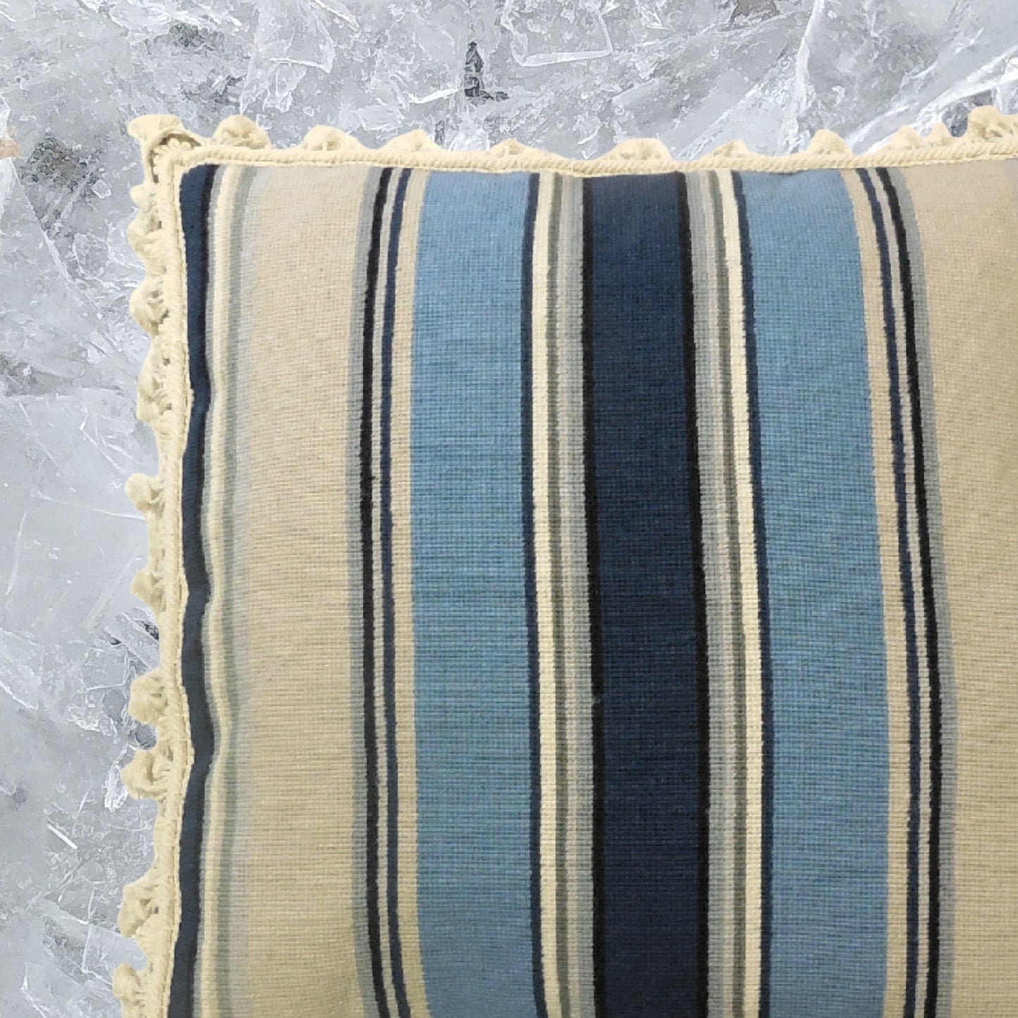 Handmade Wool Needlepoint Pillow Cover - Decorative Throw Cushion Cover - Vintage Floral Embroidery Design square in blue/navy/ivory/sand with tassels