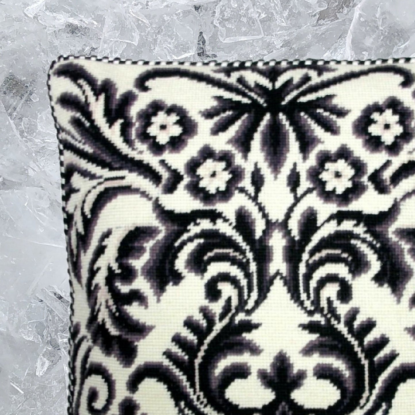 Handmade Wool Needlepoint Pillow Cover - Decorative Throw Cushion Cover - Vintage Floral Embroidery Design b/w floral deisgn with 2 color cording