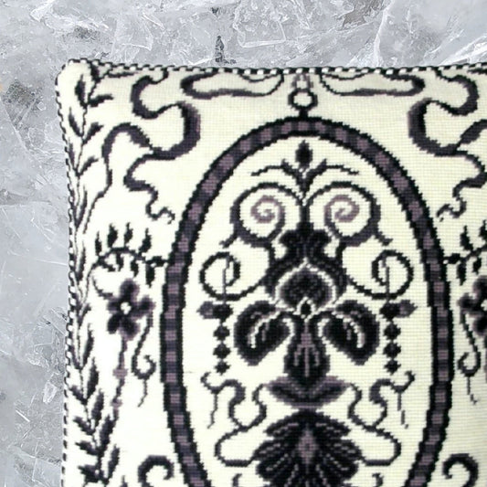 Handmade Wool Needlepoint Pillow Cover - Decorative Throw Cushion Cover - Vintage Floral Embroidery Design b/w floral in circle design with 2 color cording