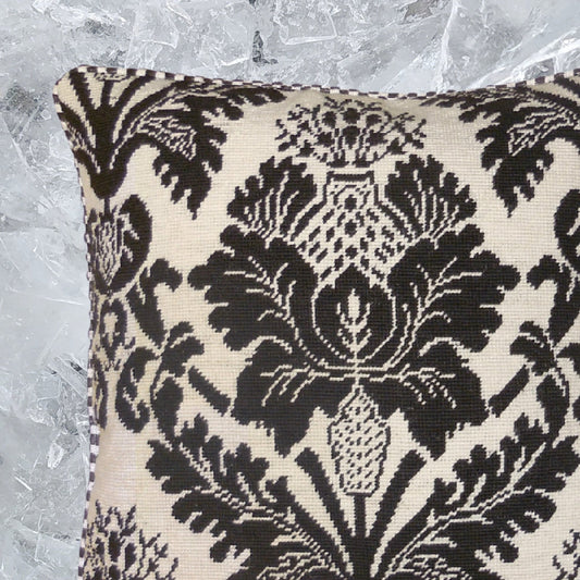 Handmade Wool Needlepoint Pillow Cover - Decorative Throw Cushion Cover - Vintage Floral Embroidery Design brown/white with cording