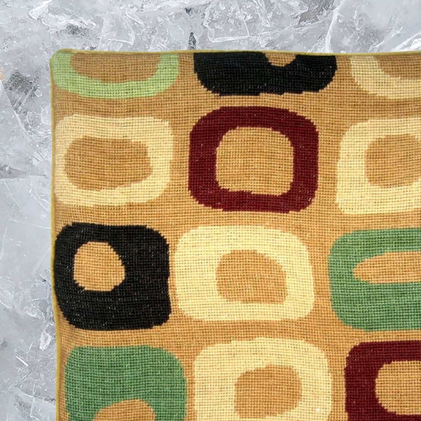 Handmade Wool Needlepoint Pillow Cover - Decorative Throw Cushion Cover - Vintage Floral Embroidery Design little square in red, green, sand on gold background