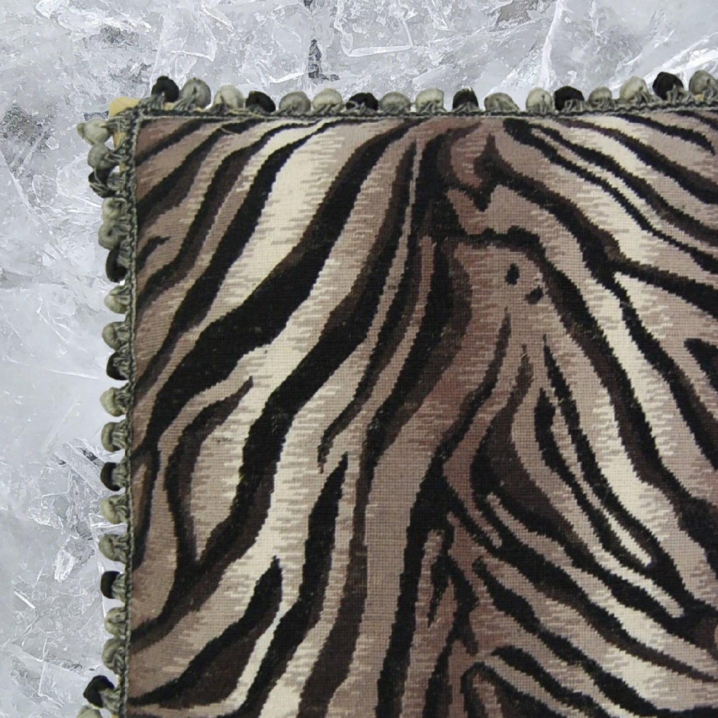 Handmade Wool Needlepoint Pillow Cover - Decorative Throw Cushion Cover - Vintage Floral Embroidery Design  Zabera animal print with bush tassel