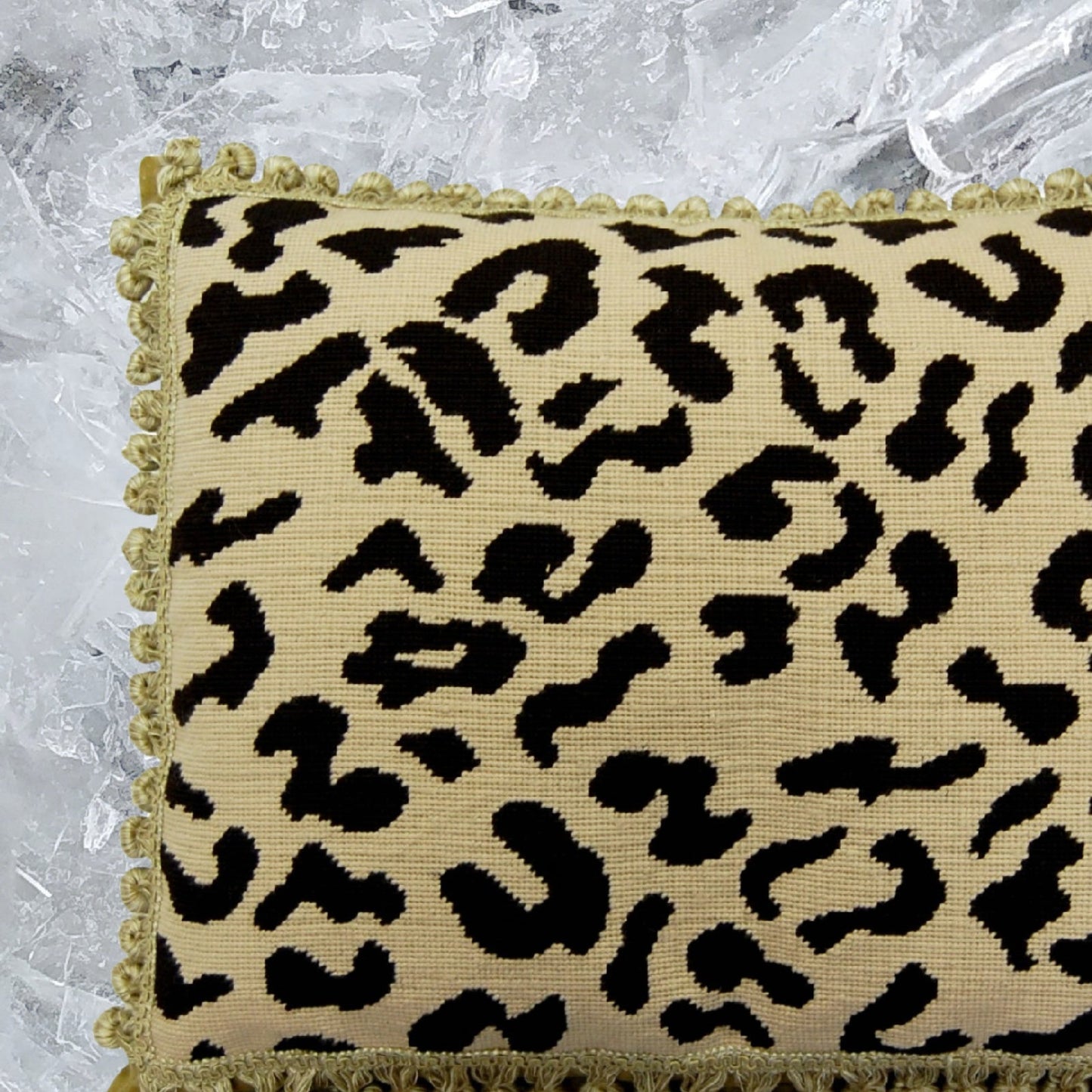 Handmade Wool Needlepoint Pillow Cover - Decorative Throw Cushion Cover - Vintage Floral Embroidery Design black leopard print nature background with tassels