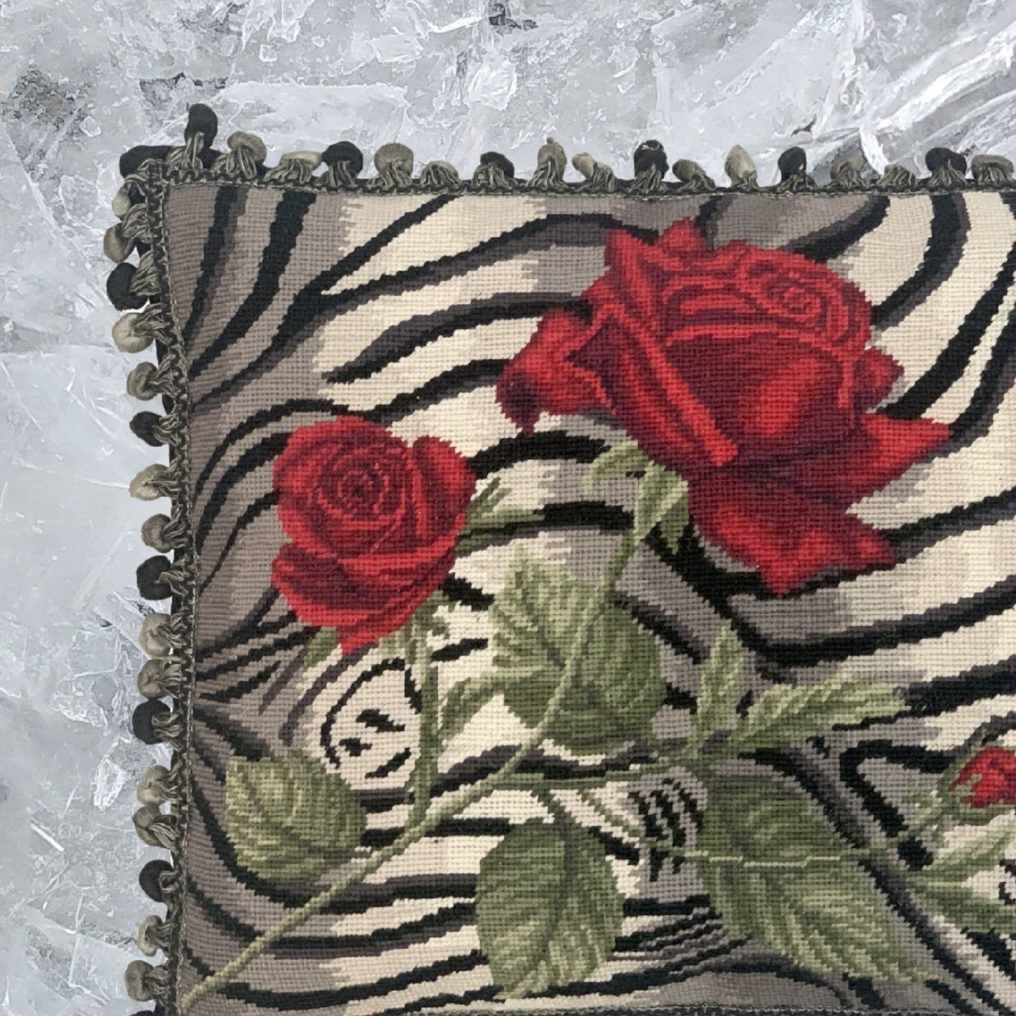Handmade Wool Needlepoint Pillow Cover - Decorative Throw Cushion Cover - Vintage Floral Embroidery Design B/W tiger print red rose with 3 color tassel
