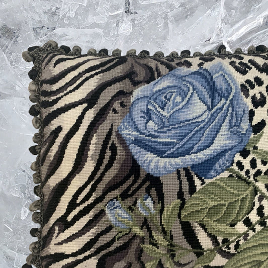 Handmade Wool Needlepoint Pillow Cover - Decorative Throw Cushion Cover - Vintage Floral Embroidery Design B/W leopard print blue rose with 3 color tassel