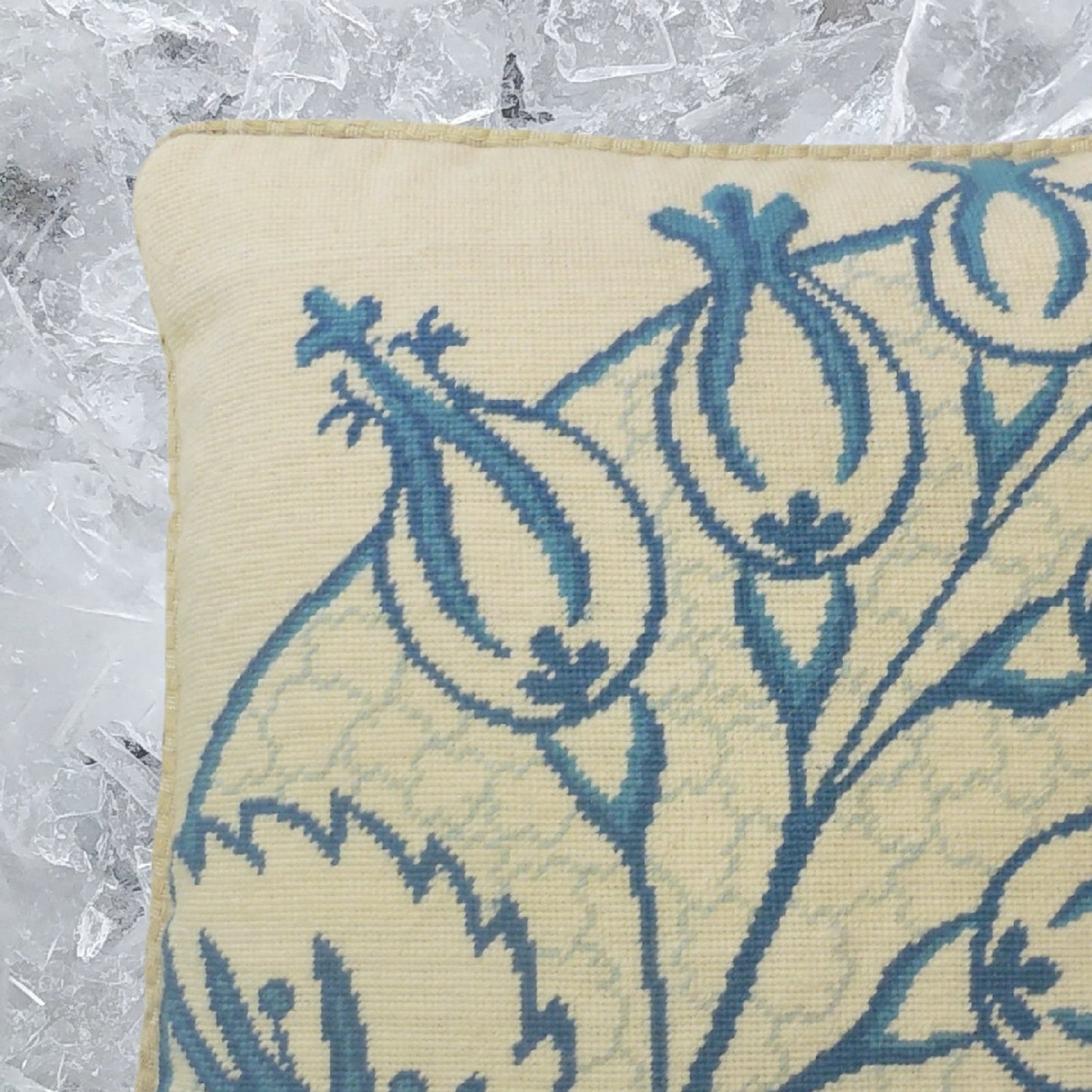 Handmade Wool Needlepoint Pillow Cover - Decorative Throw Cushion Cover - Vintage Floral Embroidery Design blue big leaves/flowers checker cording