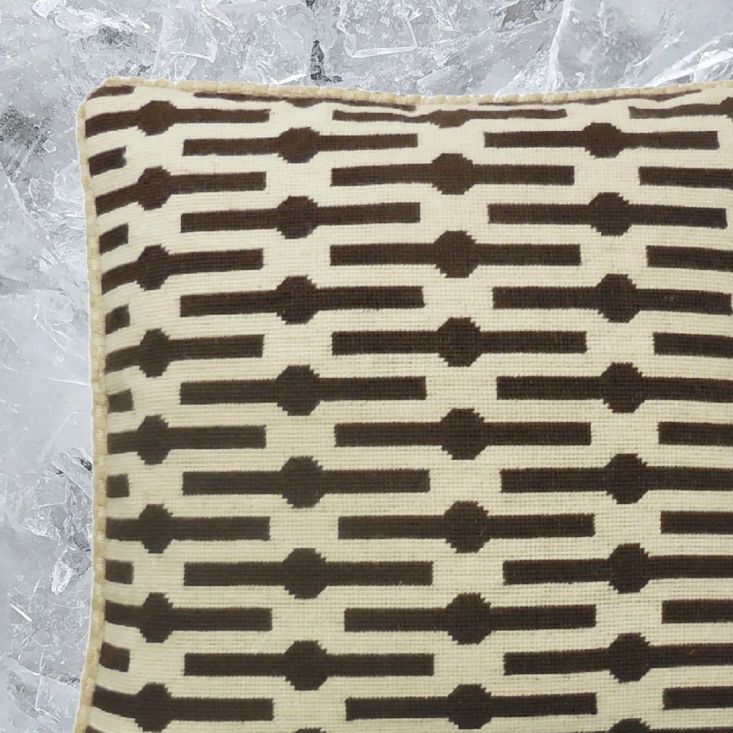 Handmade Wool Needlepoint Pillow Cover - Decorative Throw Cushion Cover - Vintage Floral Embroidery Design brown lines checkers cording