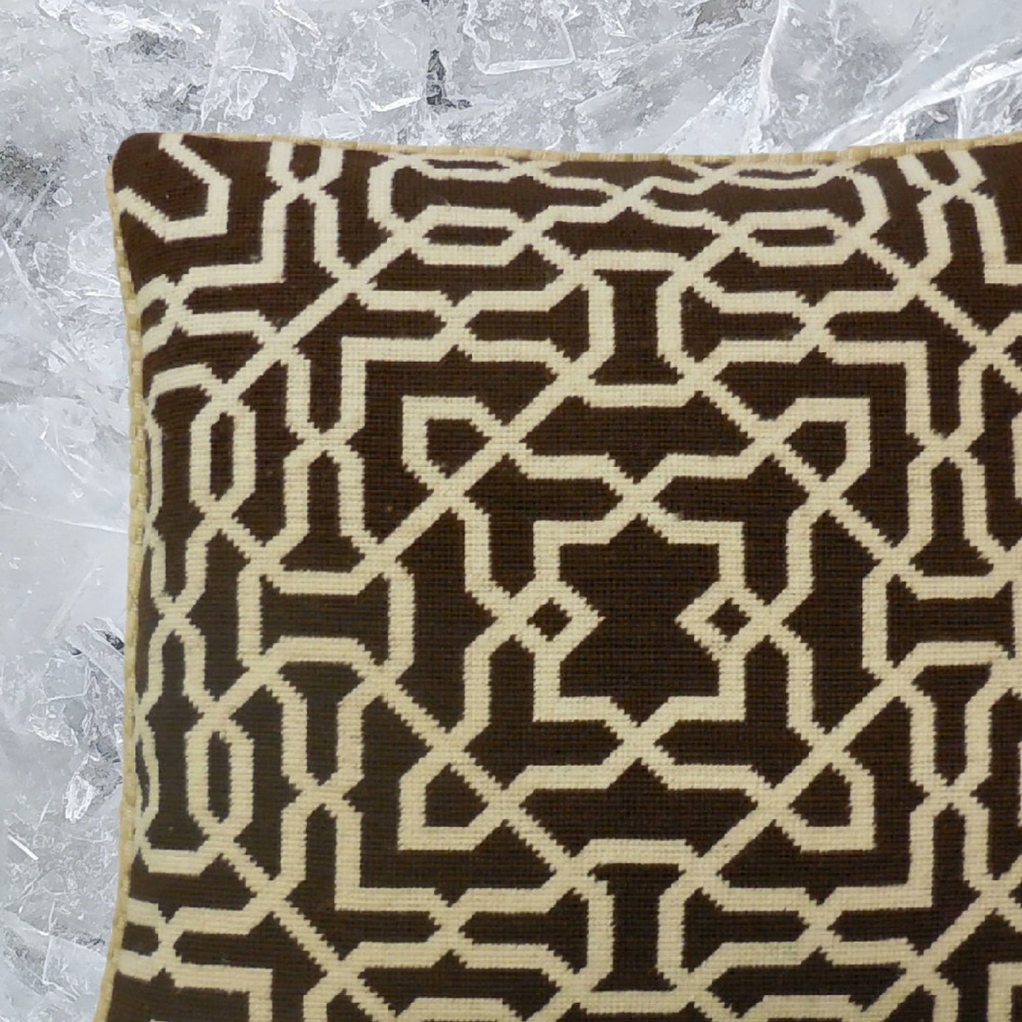 Handmade Wool Needlepoint Pillow Cover - Decorative Throw Cushion Cover - Vintage Floral Embroidery Design brown small window designs checker cording