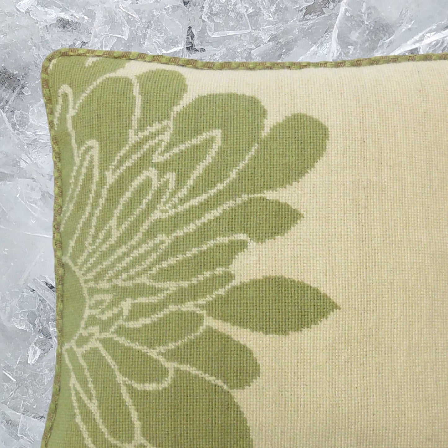 Handmade Wool Needlepoint Pillow Cover - Decorative Throw Cushion Cover - Vintage Floral Embroidery Design green half flower off-white back checker cording