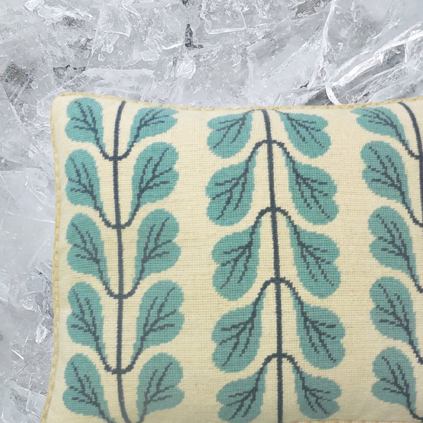 Handmade Wool Needlepoint Pillow Cover - Decorative Throw Cushion Cover - Vintage Floral Embroidery Design 3 lines blue leaves checker cording