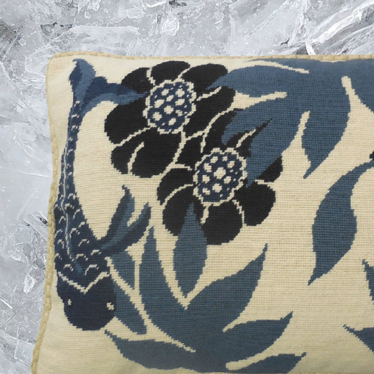 Handmade Wool Needlepoint Pillow Cover - Decorative Throw Cushion Cover - Vintage Floral Embroidery Design blue Koi ship checker cording