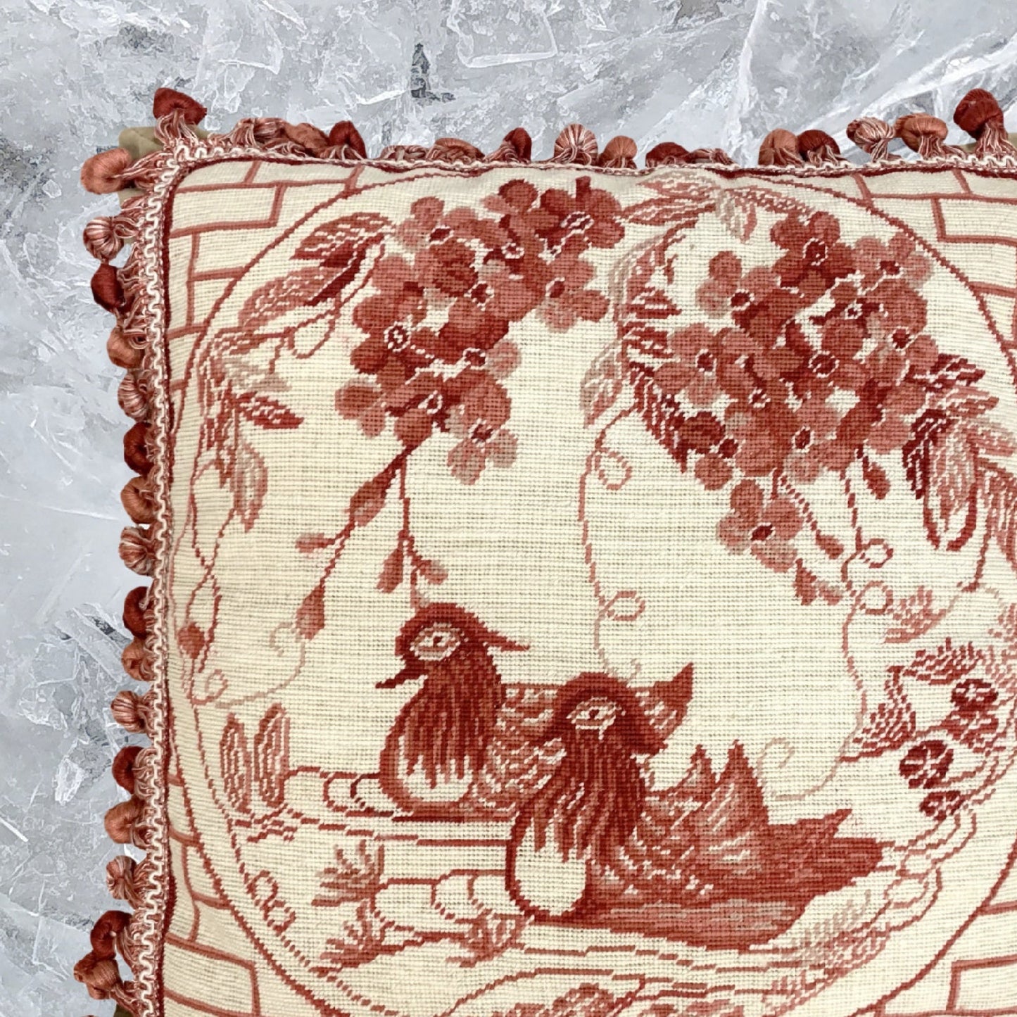 Handmade Wool Needlepoint Pillow Cover - Decorative Throw Cushion Cover - Vintage Floral Embroidery Design  red Manderain Ducks plum flowers with tassels