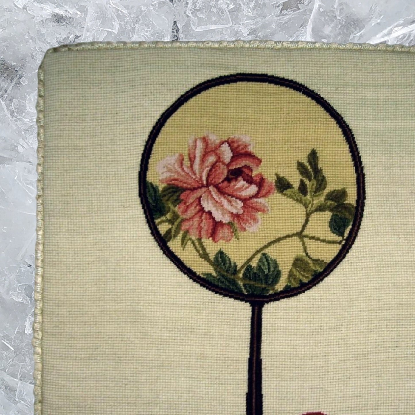 Handmade Wool Needlepoint Pillow Cover - Decorative Throw Cushion Cover - Vintage Floral Embroidery Design pink peony in the Chinese fan with checker border