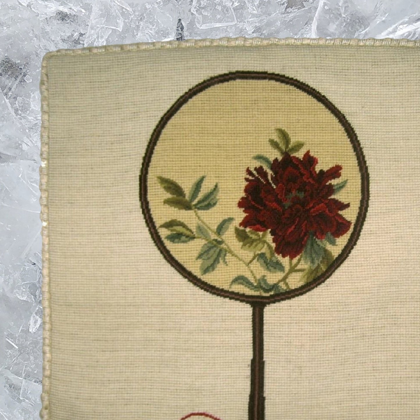 Handmade Wool Needlepoint Pillow Cover - Decorative Throw Cushion Cover - Vintage Floral Embroidery Design red peony in Chines fan with checker cording