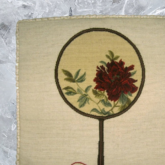 Handmade Wool Needlepoint Pillow Cover - Decorative Throw Cushion Cover - Vintage Floral Embroidery Design red peony in Chines fan with checker cording