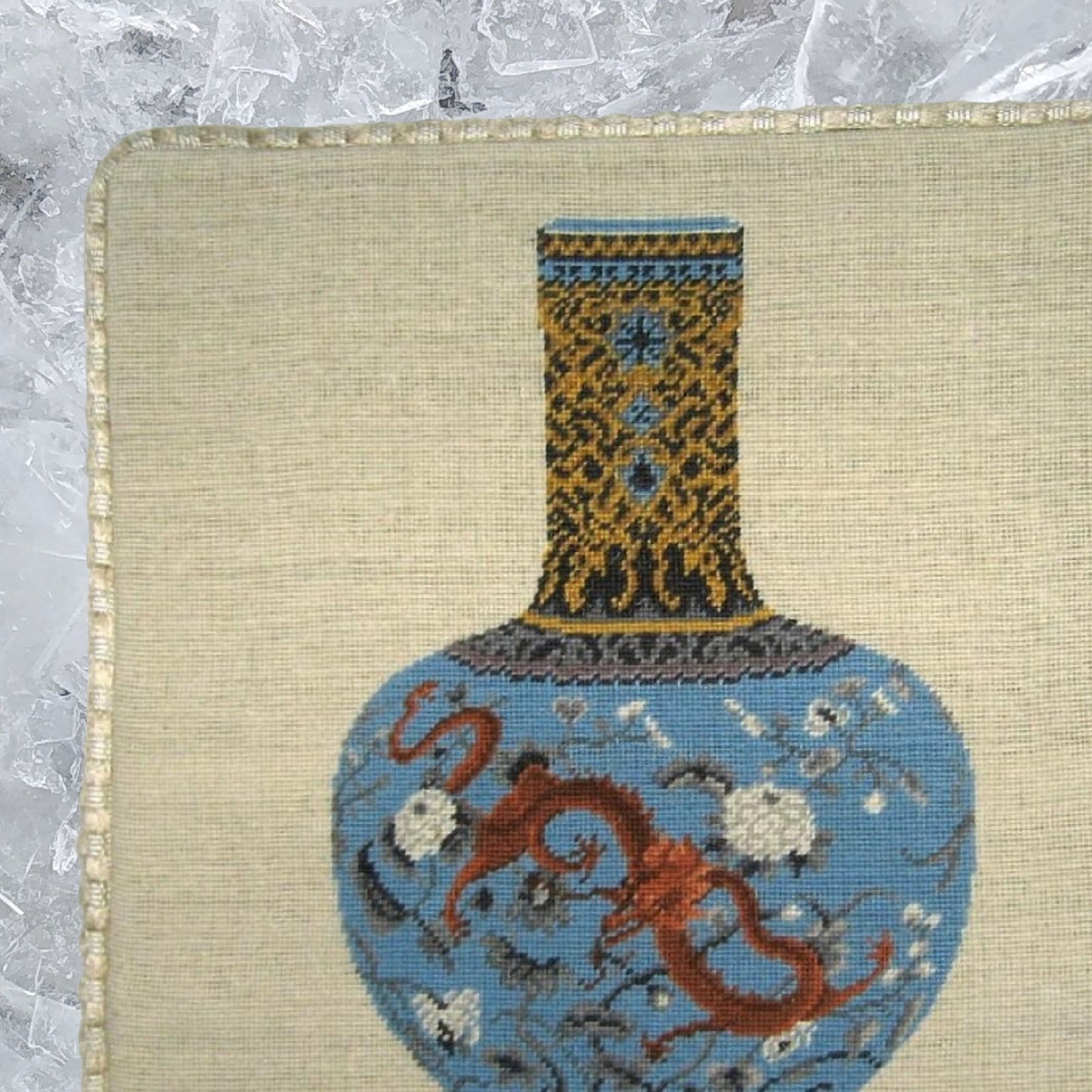 Handmade Wool Needlepoint Pillow Cover - Decorative Throw Cushion Cover - Vintage Floral Embroidery Design  Ming dynasty dragon blue vast with cording