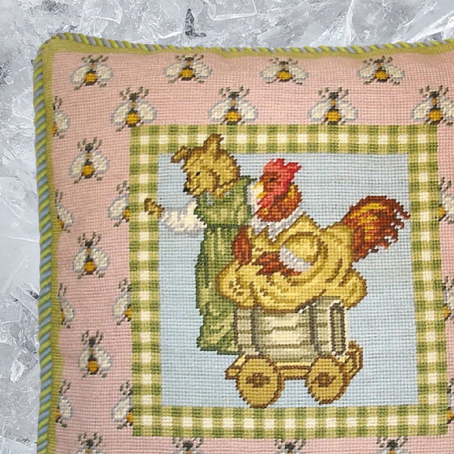 Handmade Wool Needlepoint Pillow Cover - Decorative Throw Cushion Cover - Vintage Floral Embroidery Design bear & chicken bees on the board blue green cording