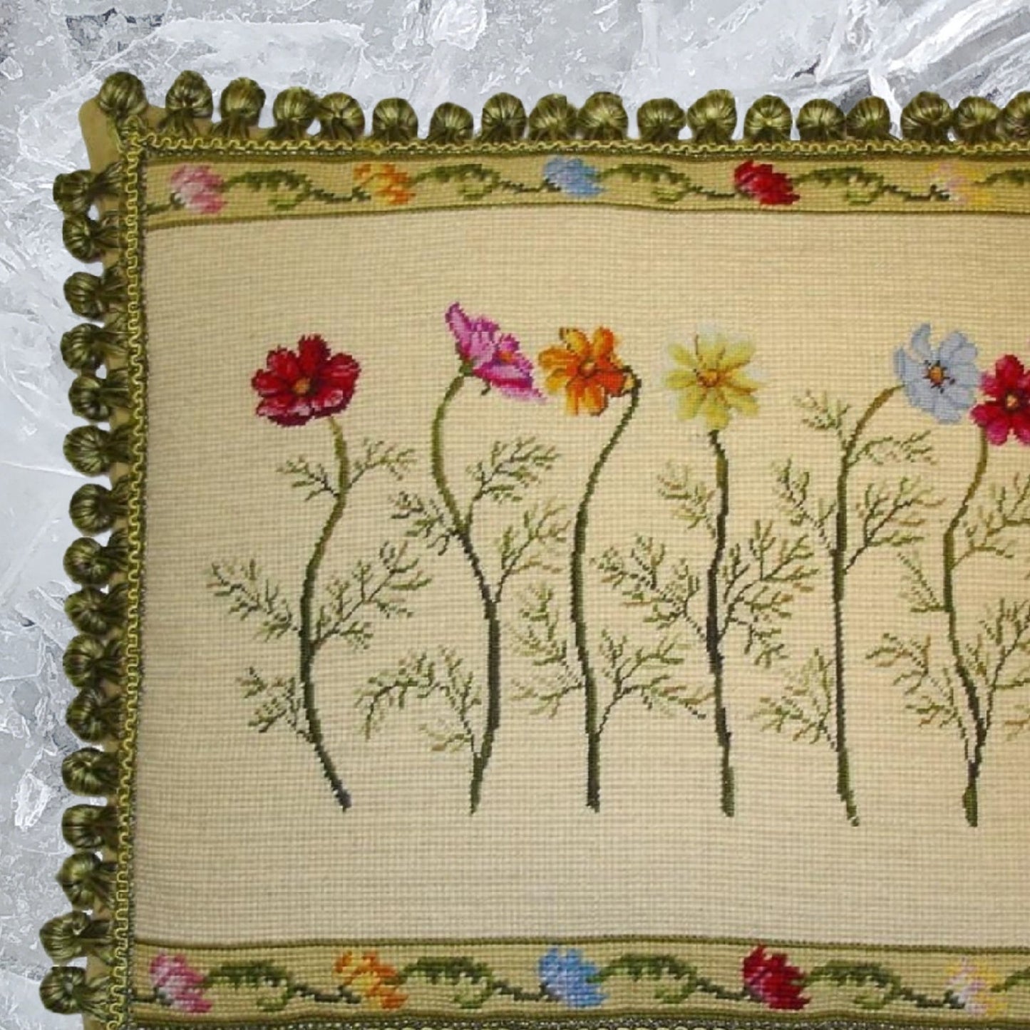 Handmade Wool Needlepoint Pillow Cover - Decorative Throw Cushion Cover - Vintage Floral Embroidery Design  with 2 color tassel II