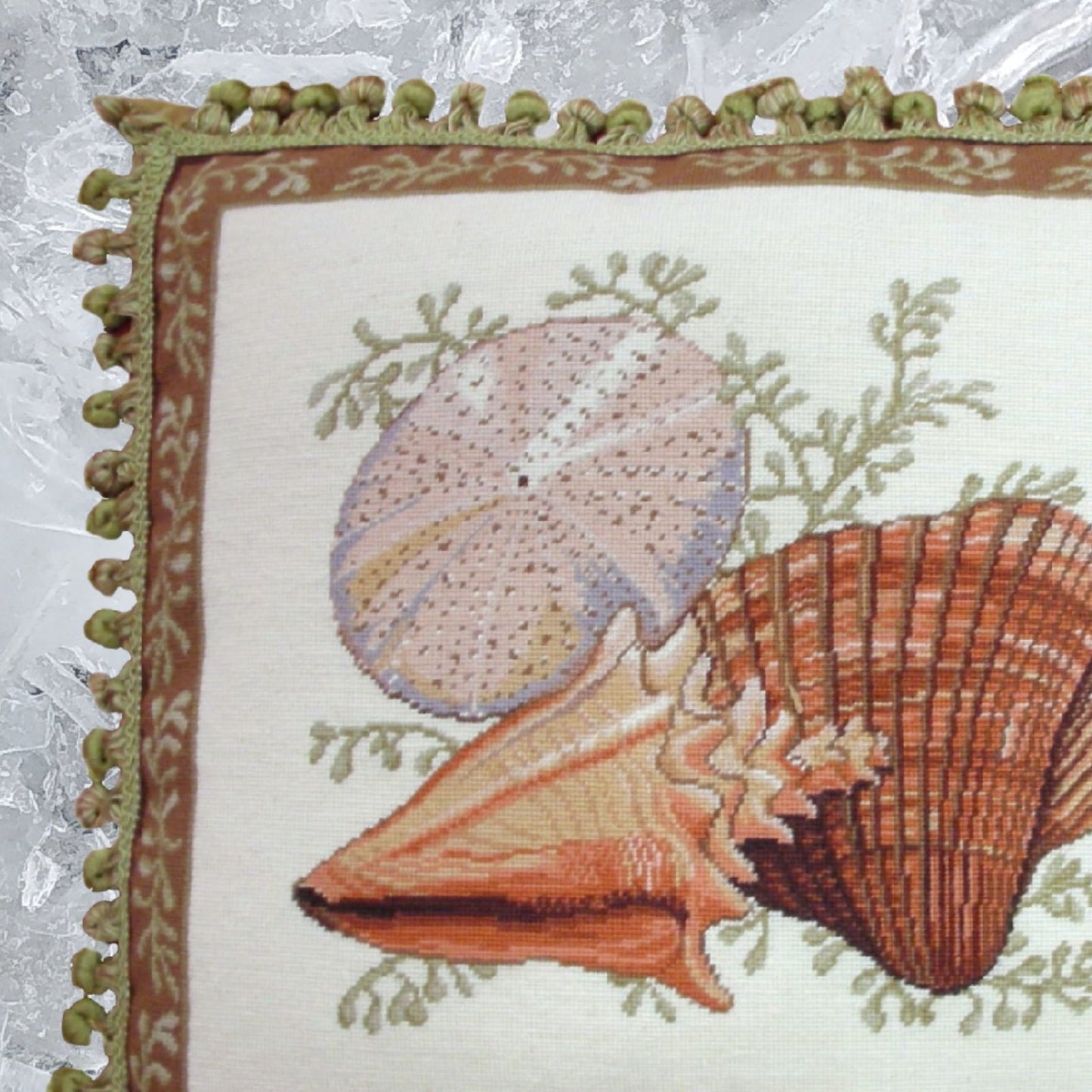 Handmade Wool Needlepoint Pillow Cover - Decorative Throw Cushion Cover - Vintage Floral Embroidery Design  Wendy Russells Shell-1 with tassel