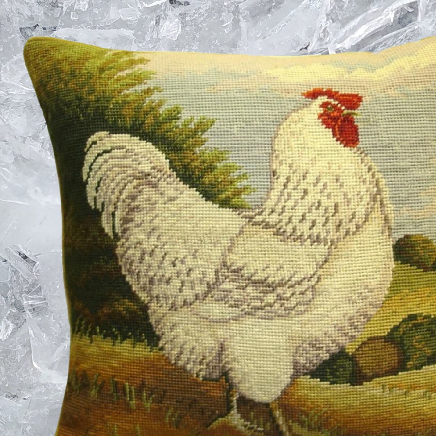 Handmade Wool Needlepoint Pillow Cover - Decorative Throw Cushion Cover - Vintage Floral Embroidery Design white roosterByron