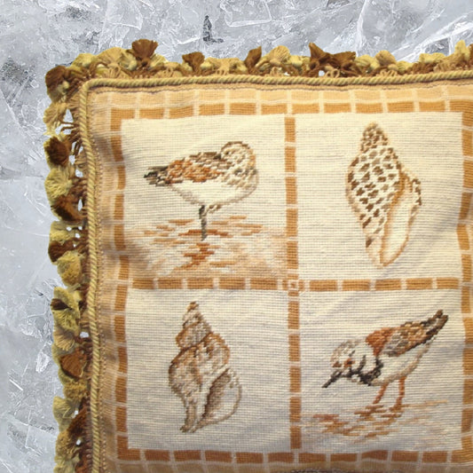 Handmade Wool Needlepoint Pillow Cover - Decorative Throw Cushion Cover - Vintage Floral Embroidery Design stone shells and birds with tassel