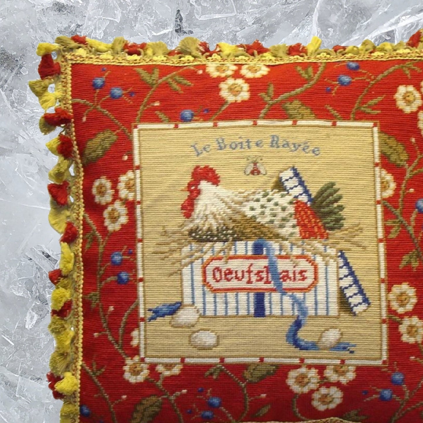 Handmade Wool Needlepoint Pillow Cover - Decorative Throw Cushion Cover - Vintage Floral Embroidery Design Sudi McCollums designLe Boite Rayee with  bee and 3 color tassel