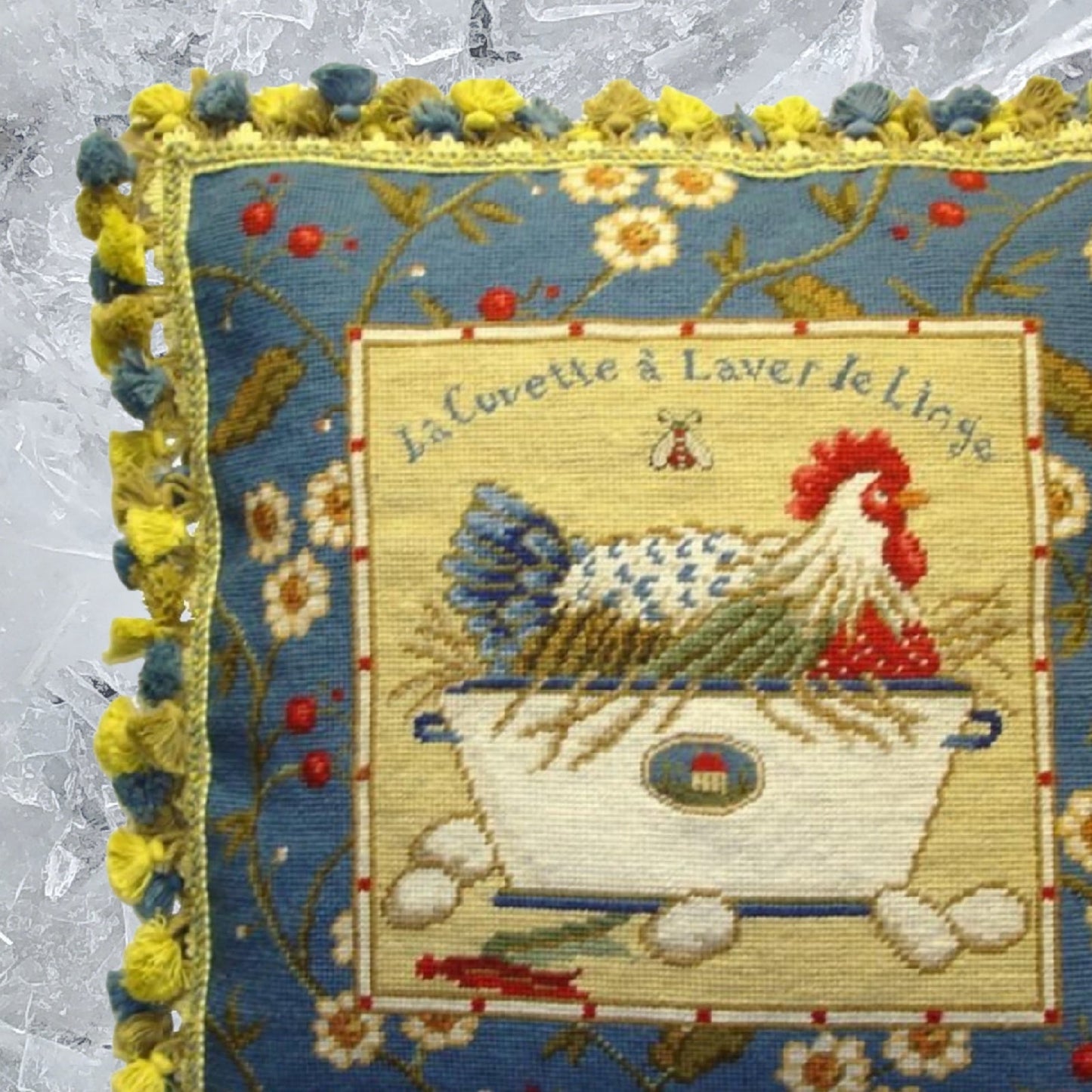 Handmade Wool Needlepoint Pillow Cover - Decorative Throw Cushion Cover - Vintage Floral Embroidery Design Sudi McCollums designLa Cuvette a Laver le Linge with  bee and 3 color tassel