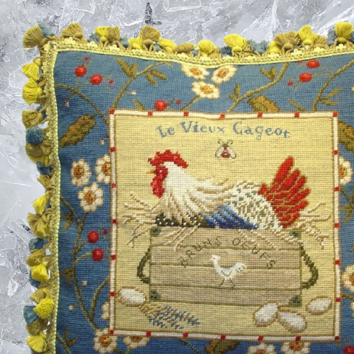 Handmade Wool Needlepoint Pillow Cover - Decorative Throw Cushion Cover - Vintage Floral Embroidery Design Sudi McCollums designLe Vieux Cageot with  bee and 3 color tassel