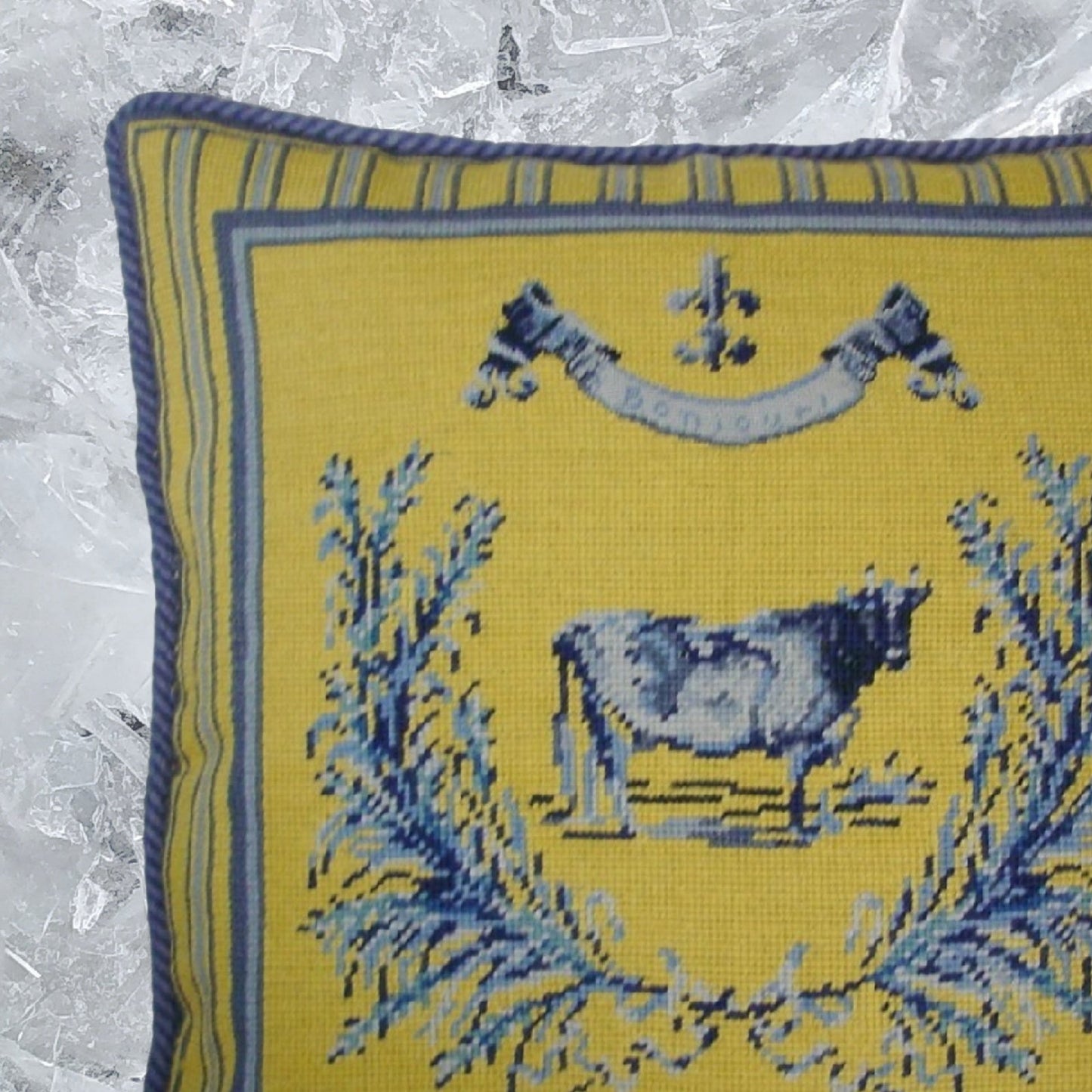 Handmade Wool Needlepoint Pillow Cover - Decorative Throw Cushion Cover - Vintage Floral Embroidery Design yellow/blue cow with cording