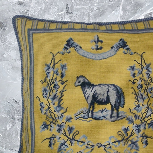 Handmade Wool Needlepoint Pillow Cover - Decorative Throw Cushion Cover - Vintage Floral Embroidery Design yellow/blue sheep with cording