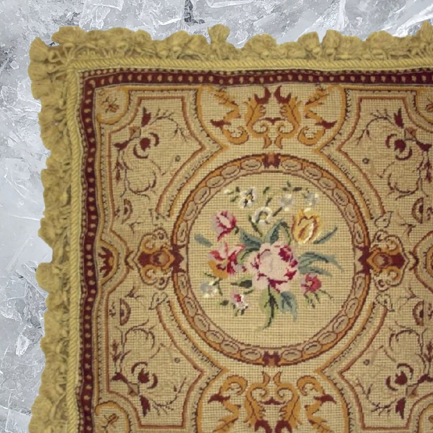 Handmade Wool Needlepoint Pillow Cover - Decorative Throw Cushion Cover - Vintage Floral Embroidery Design golden antique frame & roses center with gold tassels