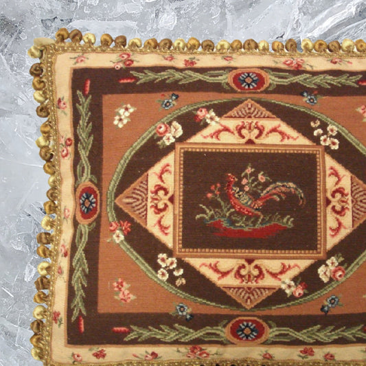 Handmade Wool Needlepoint Pillow Cover - Decorative Throw Cushion Cover - Vintage Floral Embroidery Design  pheasant center with tassels