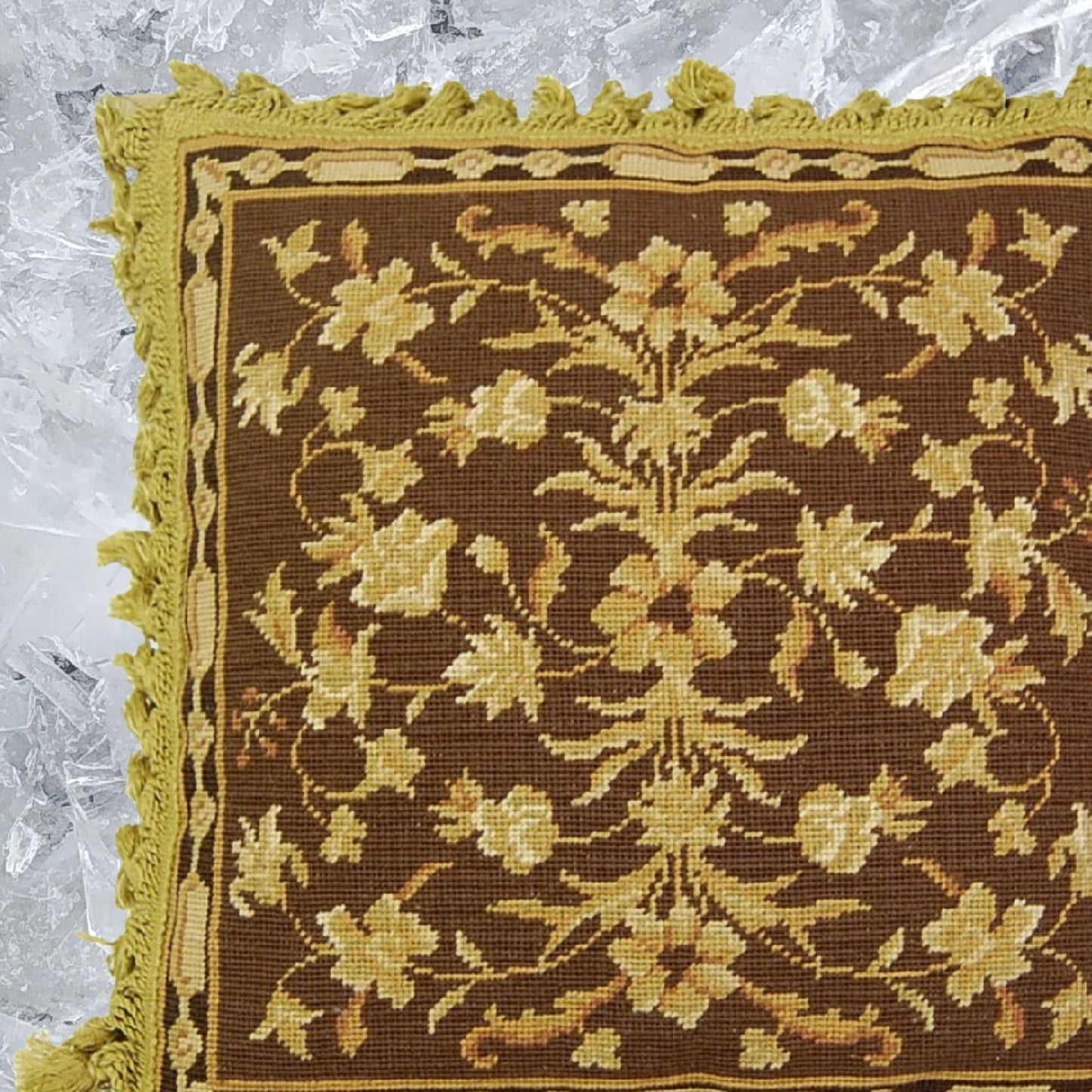 Handmade Wool Needlepoint Pillow Cover - Decorative Throw Cushion Cover - Vintage Floral Embroidery Design milk brown-gold samll leaves with tassels