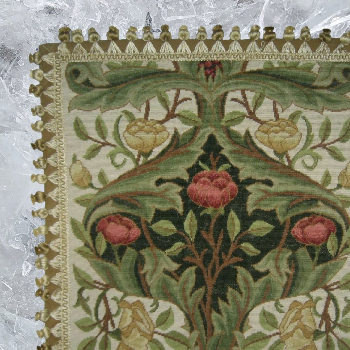 Handmade Wool Needlepoint Pillow Cover - Decorative Throw Cushion Cover - Vintage Floral Embroidery Design  old roses dark green center with tassels