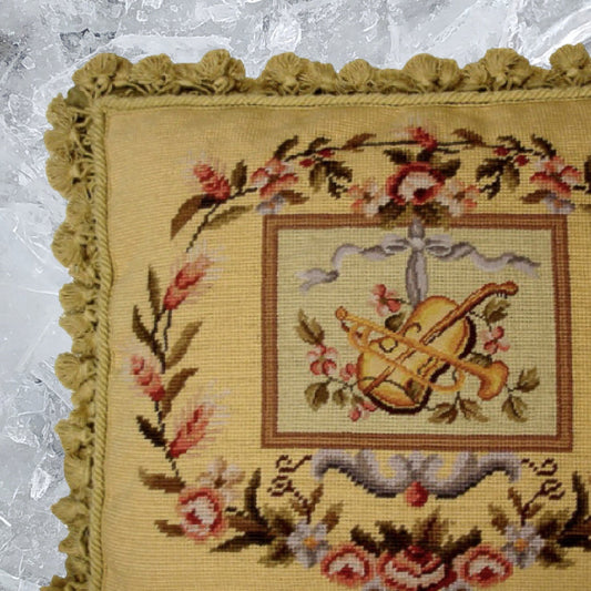 Handmade Wool Needlepoint Pillow Cover - Decorative Throw Cushion Cover - Vintage Floral Embroidery Design  big Viola and Trumpet background