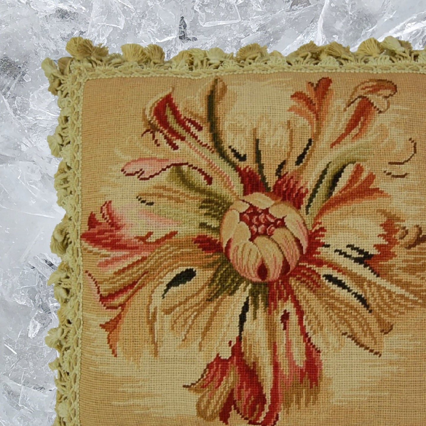 Handmade Wool Needlepoint Pillow Cover - Decorative Throw Cushion Cover - Vintage Floral Embroidery Design  Corn Flower center with tassel