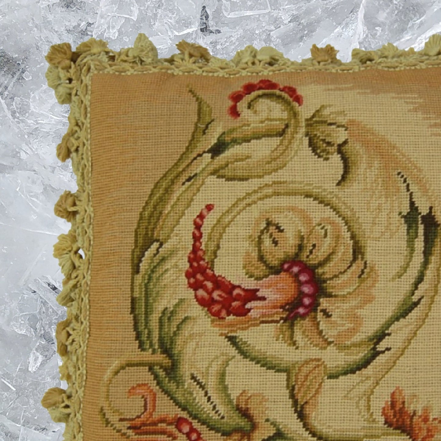 Handmade Wool Needlepoint Pillow Cover - Decorative Throw Cushion Cover - Vintage Floral Embroidery Design  Wheat blooming center circling with tassel